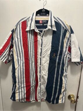 Vintage Chaps Ralph Lauren Striped Button Up Shirt Mens L Red White Blue Crest